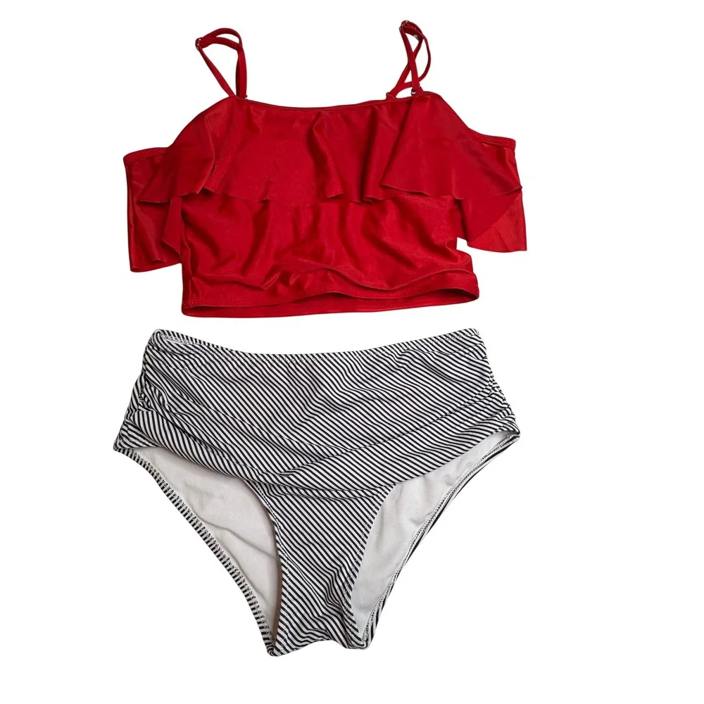 Cupshe Bikini Set Womens L/M Red Ruffle Top‎ Striped High Waist Bottom Swimsuit